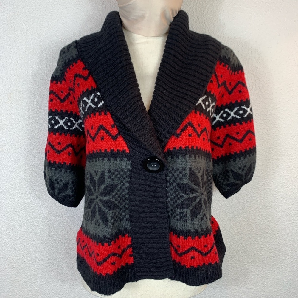 Iconic apres ski aspen cardigan knit sweater snowflakes snow winter puff sleeves